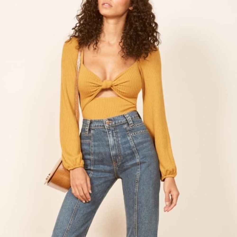 Reformation Mustard Yellow Ribbed Knot-Front Long Sleeve Top